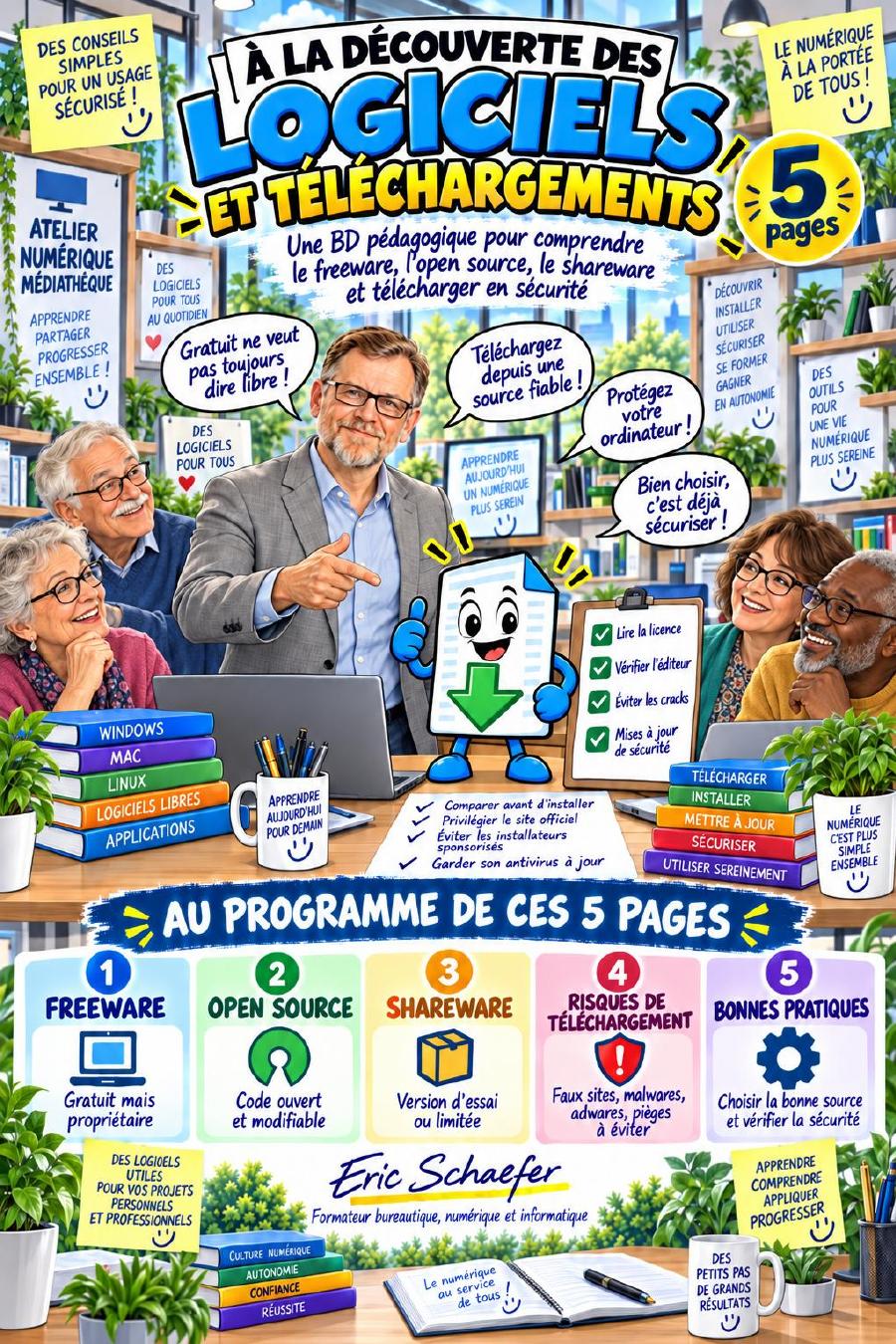 Couverture de la BD pédagogique À la découverte des logiciels et téléchargements